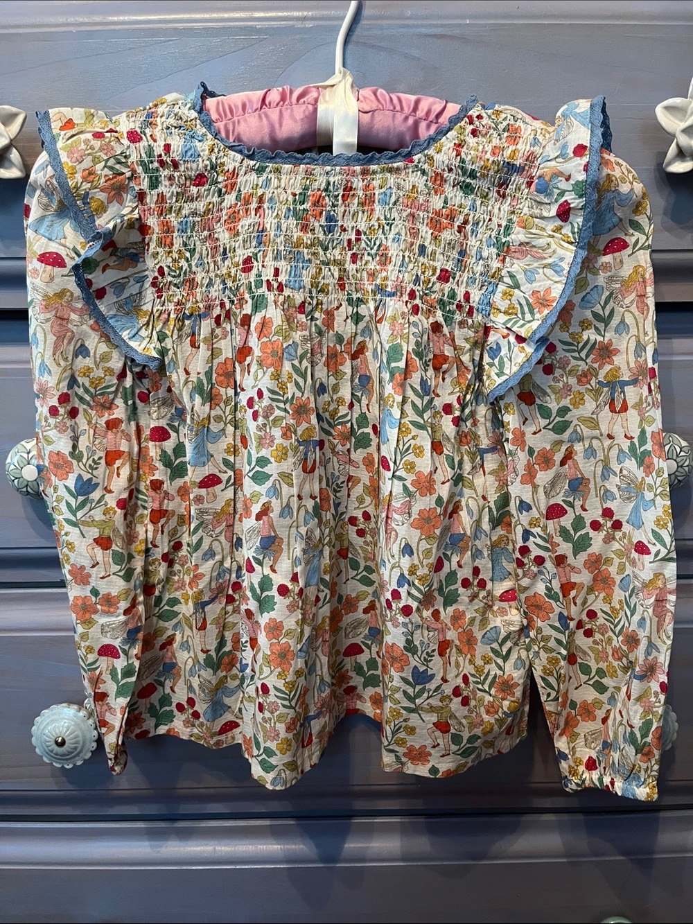 Mini Boden Floral Smocked Long-Sleeve Top with Blue Trim